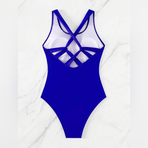 Royal Blue Criss Cross Backless One Piece Swimsuit - Picture 3 of 8